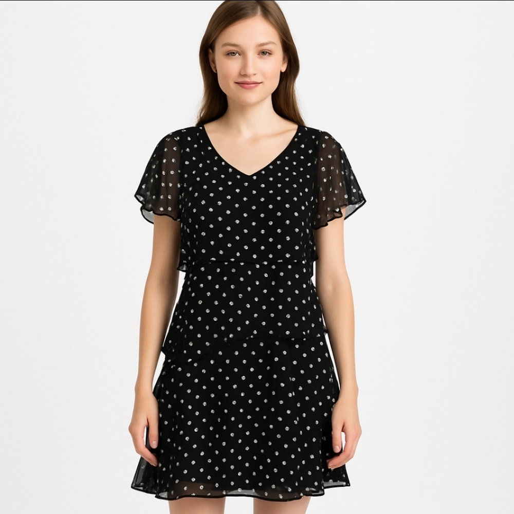 SLNY Black Polka Dot Ruffle Layered Below Knee Length Dress Sz 12